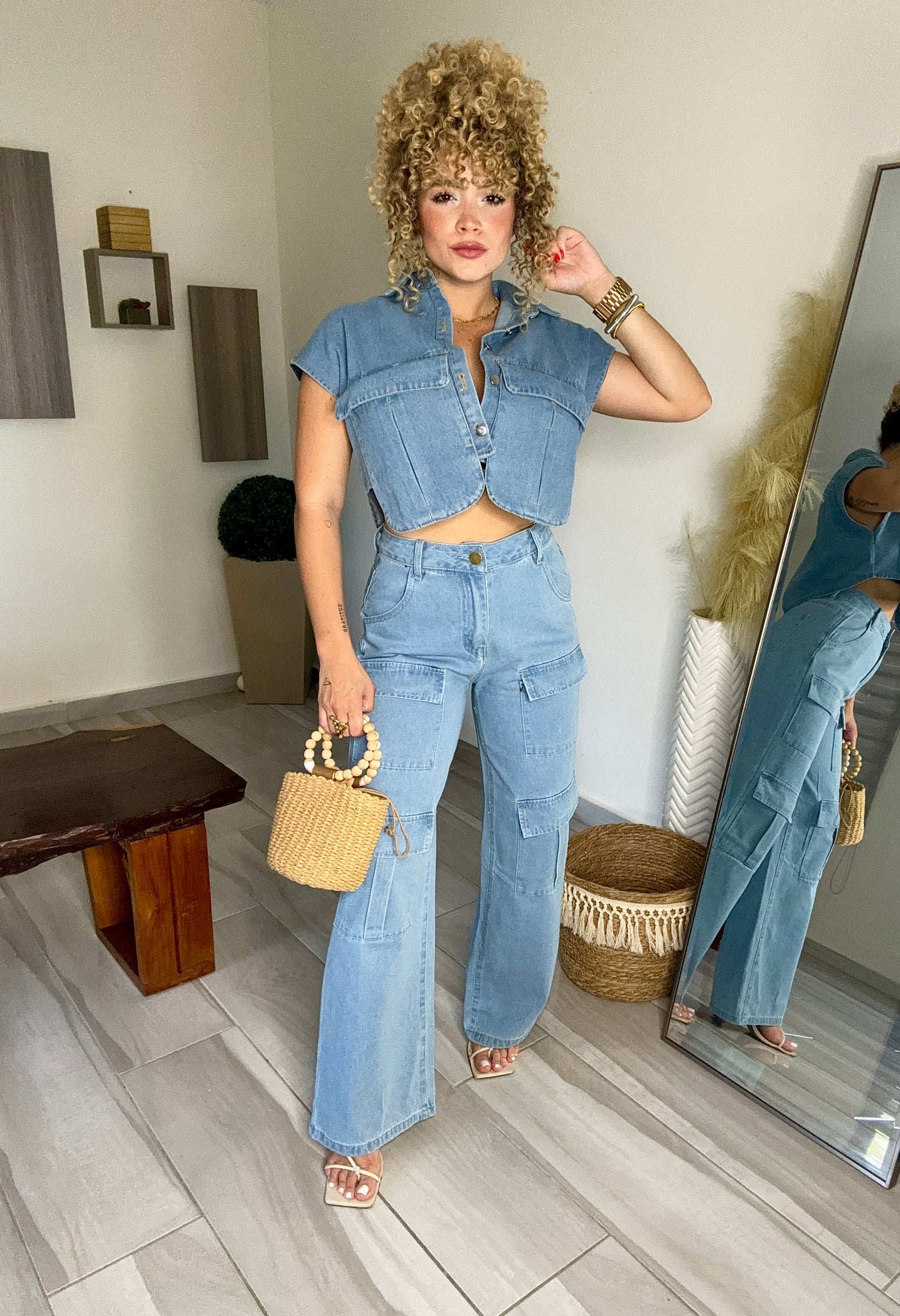 Denim button top