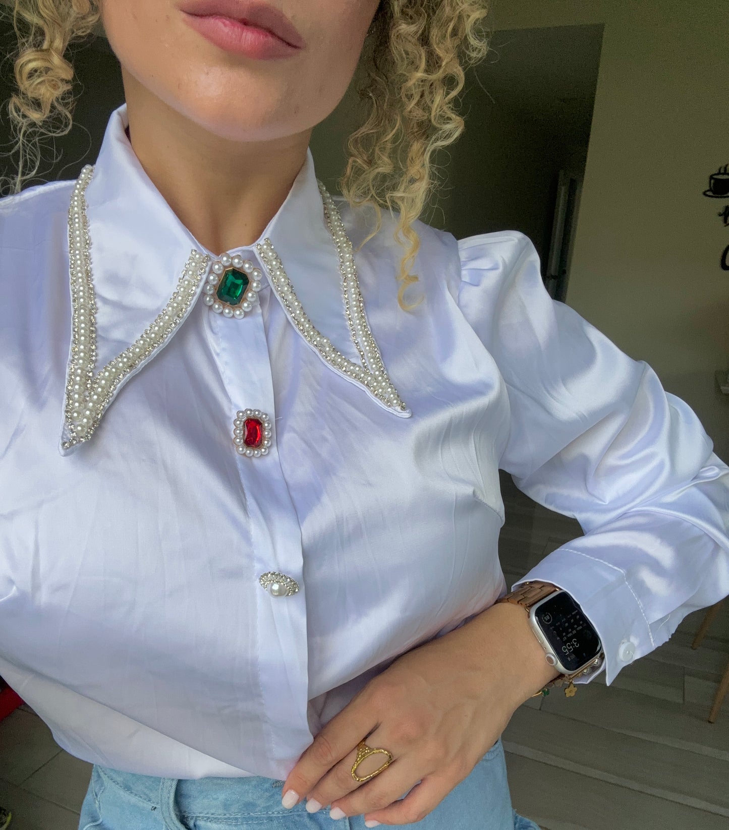 White pearl button down